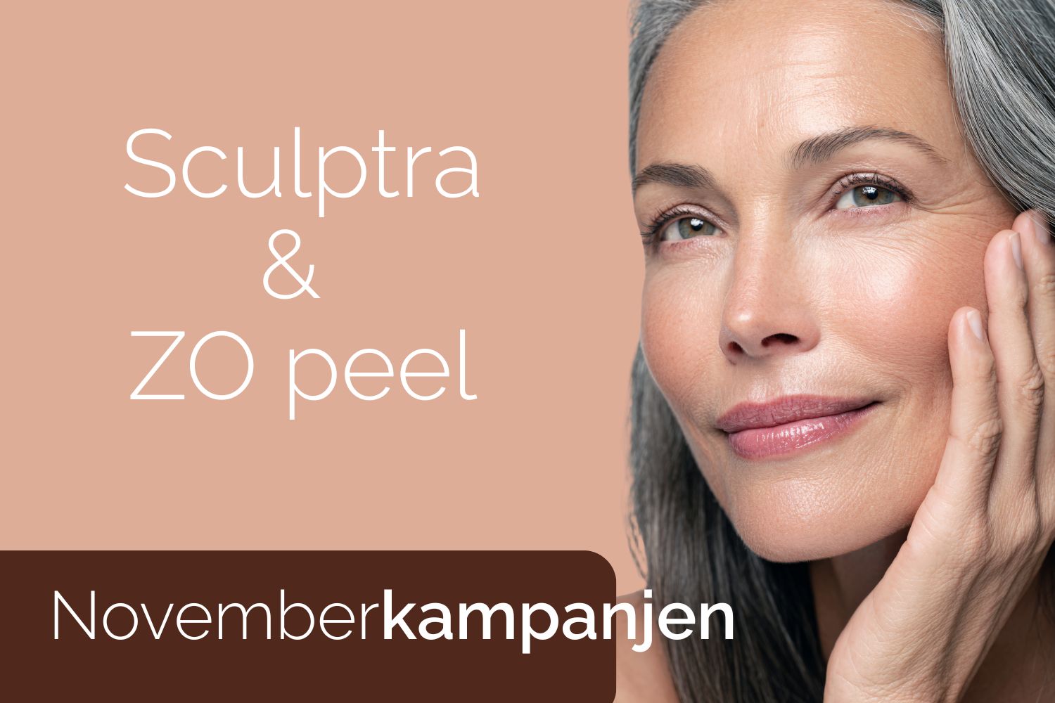 Nærbilde av kvinne og tekst over bildet: Sculptra og ZO peel, novemberkampanje